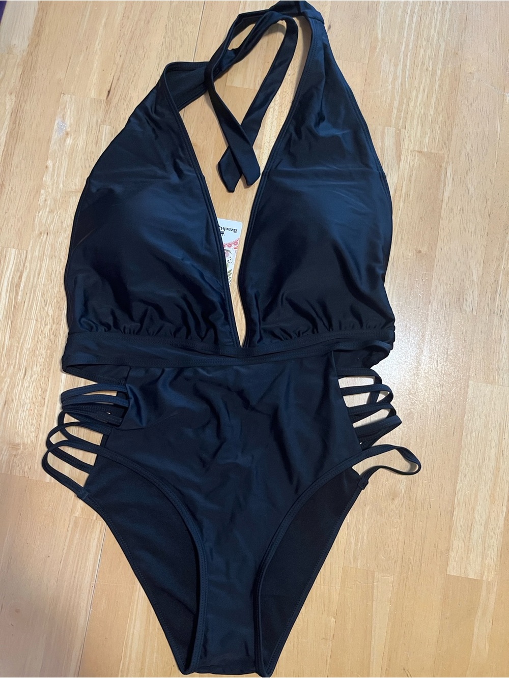 Black Strappy Cutout One-Piece Halter Plunge V-Neck Swimsuit - Women's Large